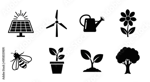 Eco friendly energy and nature icon set featuring solar panels wind turbine watering can flower bee potted plant sprout and tree silhouette for green concept