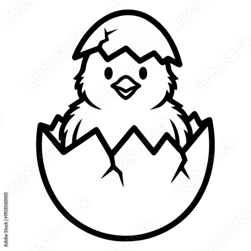 This endearing black and white vector illustration features a cute, newly hatched baby chick looking out from a broken eggshell, rendered with clean lines. It's a sweet, simple graphic design perfect 