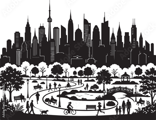 Black and white illustration of a bustling city park with skyline, people, trees, and animals.
