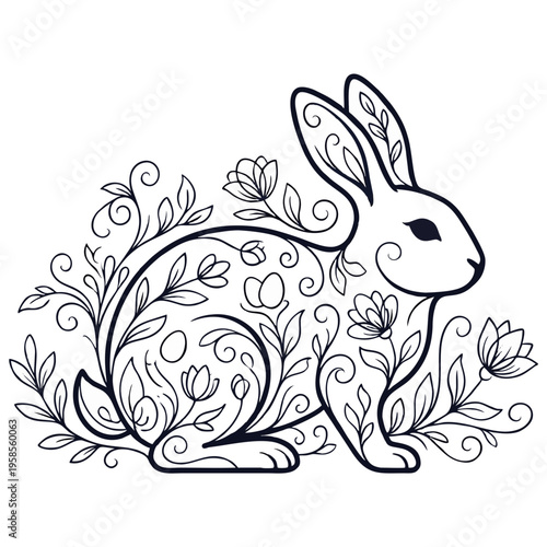 An elegant monochrome vector illustration depicting a charming, stylized Easter rabbit adorned with a beautiful intricate pattern of delicate spring flowers, swirling leaves, and subtle decorative egg