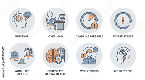 Informative line icons on workplace challenges burnout, overload, deadline pressure, work stress, mental health, and work-life balance