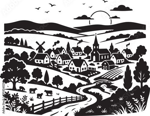 idyllic countryside village landscape with windmill and church at sunset, rural scenery