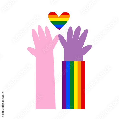 Diverse hands with pinkie promise gesture with rainbow heart. Queer and heterosexual friendship. LGBTQ pride, queer rights, visibility and awareness concept. Inclusion and diversity illustration.