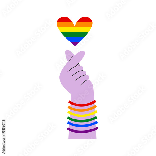 A hand shows a finger heart gesture with rainbow colors. Concept of pride, love, affection, and emotional expression in the LGBT community. Symbol of support, friendliness, and modern communication.
