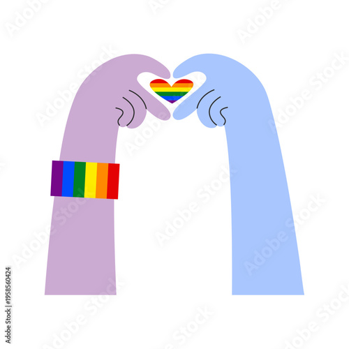 Diverse hands show love gesture with rainbow heart. Queer and heterosexual friendship. LGBTQ pride, queer rights, visibility and awareness concept. Inclusion and diversity illustration.