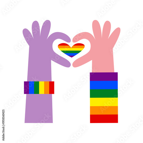 Diverse hands form love hand gesture with rainbow heart. Queer and heterosexual friendship. LGBTQ pride, queer rights, visibility and awareness concept. Inclusion and diversity illustration.