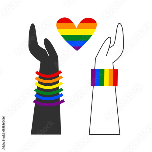 Diverse hands show love gesture with rainbow heart. Queer friendship and romance. LGBTQ pride, queer rights, visibility and awareness concept. Inclusion and diversity illustration.