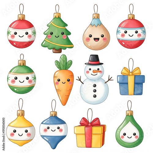 Colorful holiday-themed emoji-style ornaments and gift icons collection
