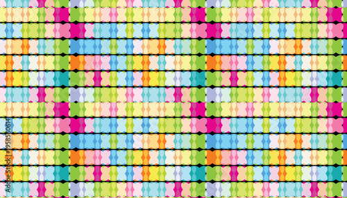 Repeating pattern of colorful translucent shapes on black background