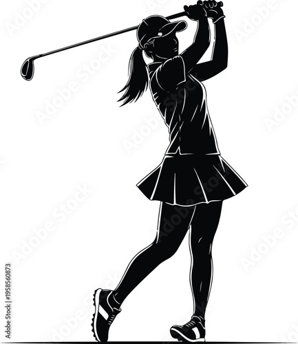 Golf player woman swinging club in motion with pony tail and cap in black silhouette on white background