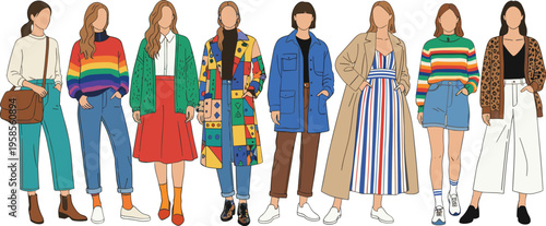 Diverse collection of women in stylish colorful outfits and trendy fashion clothing for lifestyle blog social media marketing and modern apparel retail flat line art vector