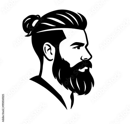 Stylish side profile of a bearded man with a man bun in clean black vector style. Contemporary male avatar suited to barber branding, grooming graphics, fashion posters, or profile icons.