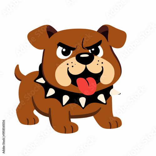 Cute cartoon bulldog with fierce face, tongue out and spiked collar. Tough but funny pet mascot vector for stickers, kids graphics, branding and playful dog themes.