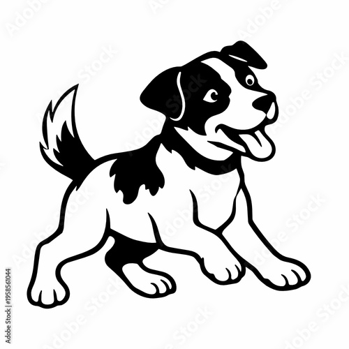 Black and white vector illustration of a playful terrier puppy in motion, with wagging tail and bright expression. Energetic pet character for stickers, logos, posters, and kids designs.