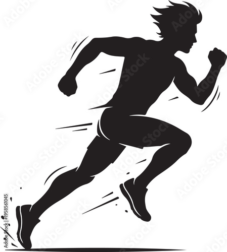 A dynamic black silhouette of a man running quickly with motion lines, conveying speed and athleticism.
