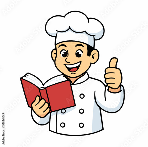 Smart chef cartoon reading a cookbook while giving a thumbs up sign. Educational culinary character suggests recipes, cooking classes, kitchen training, and confident restaurant expertise.