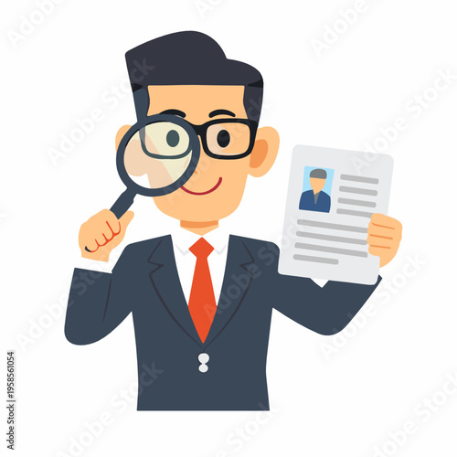 Flat vector illustration of a smiling recruiter holding a resume and magnifying glass. Concept of hiring, job search, candidate screening and human resources.