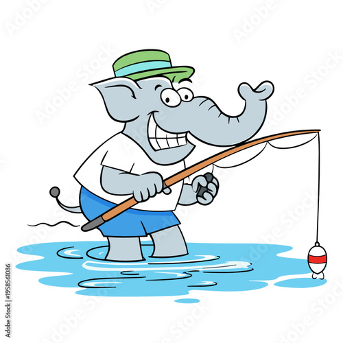 Smiling elephant standing in water while fishing with a rod and bobber. Relaxed nature mascot illustration for hobby, weekend recreation, camping, and outdoor leisure designs.