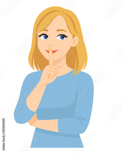 Blonde woman places a finger on her lips in a quiet gesture. Flat vector character communicates silence, secrecy, privacy, discretion and confidential message concept.