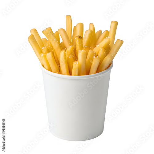 A serving of golden crispy french fries in a white paper cup