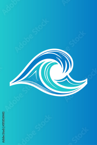 Logo agencia de viajes. Vacaciones de verano. Dibujo sencillo con olas de mar en fondo azul