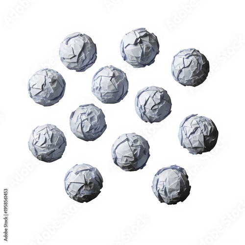 Cluster of irregularly shaped metallic spheres floating in space