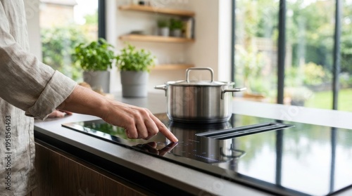 Hand operates modern black induction hob Stainless steel pot on stovetop Bright kitchen with garden view