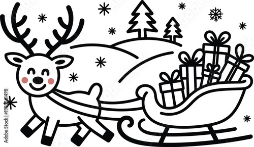 A charming cartoon reindeer with rosy cheeks pulls a sleigh loaded with holiday gifts through a snowy scene