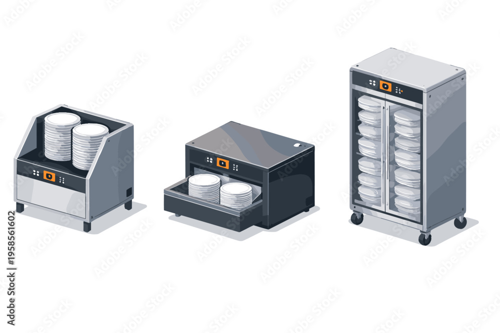 Fototapeta premium Commercial kitchen equipment for dishwashing and storage of plates