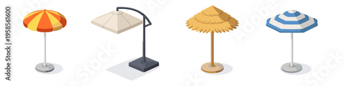 Various beach umbrellas and sunshades for summer enjoyment