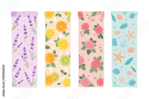 Four decorative yoga mats with floral, citrus, and ocean themes