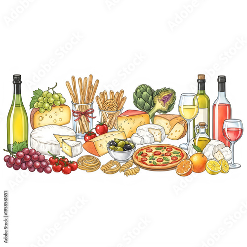 Assorted food items and beverages arranged together on a flat surface