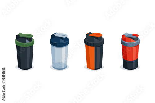 Four colorful shaker bottles for protein shakes and supplements
