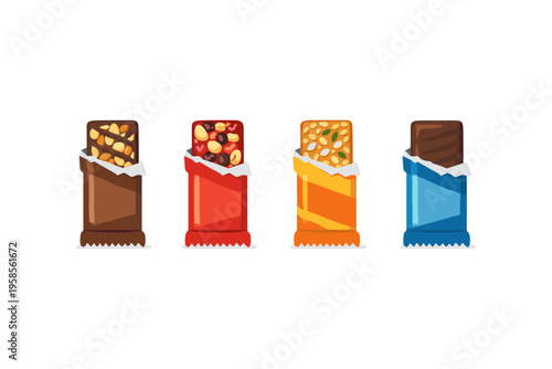 Assortment of four colorful energy bars with visible ingredients and wrappers