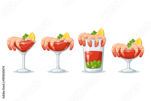 Four different shrimp cocktail appetizers served in various glasses with lemon and parsley