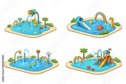 Set of four cartoon water park splash pad illustrations with playful water features