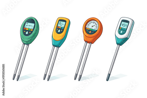 Four different soil testing meters for measuring moisture, pH, and light levels