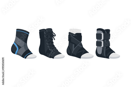 Collection of orthopedic braces and supports for ankle and foot injuries