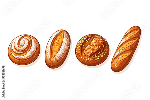 Assortment of freshly baked bread and pastries on a white background