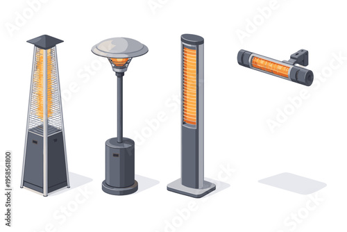 Collection of four different patio heaters in isometric view on a white background