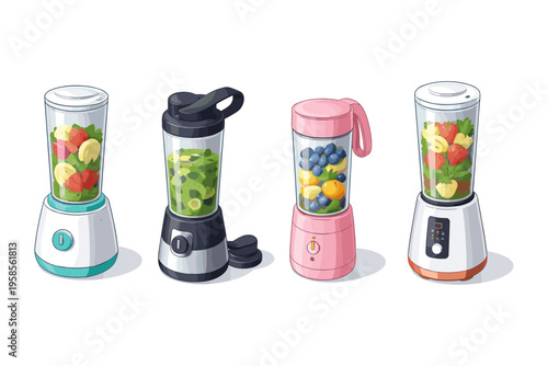 Collection of portable blenders filled with fresh fruits and vegetables for healthy smoothies