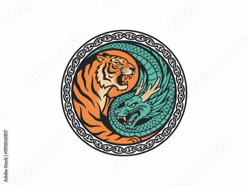 Yin Yang Tiger and Dragon Circular Emblem with Ornamental Border