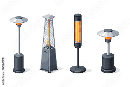Collection of four different patio heaters in isometric view