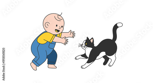 A cheerful baby in overalls reaches towards a playful tuxedo cat creating a charming minimalist silhouette high quality professional detailed modern