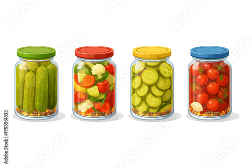Four jars of preserved vegetables including pickles, mixed vegetables, sliced cucumbers, and tomatoes