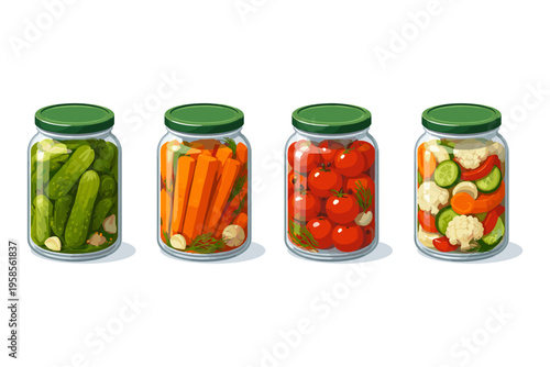 Assortment of preserved vegetables in glass jars, ready for storage