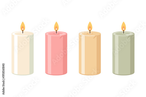 Four colorful pillar candles burning with warm flames on a white background