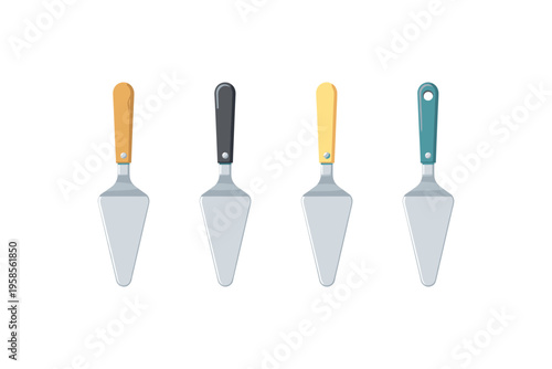 Collection of four different cake servers with colorful handles on a white background