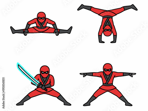 Red ninja character set in combat and acrobatic action poses
