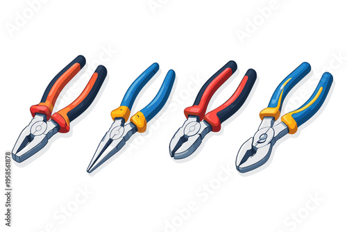 Collection of four different types of pliers with colorful handles on a white background